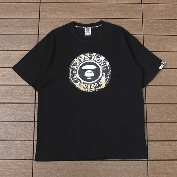 AAPE Yellow Ring Letter Print Logo T-Shirt - Black Short Sleeve